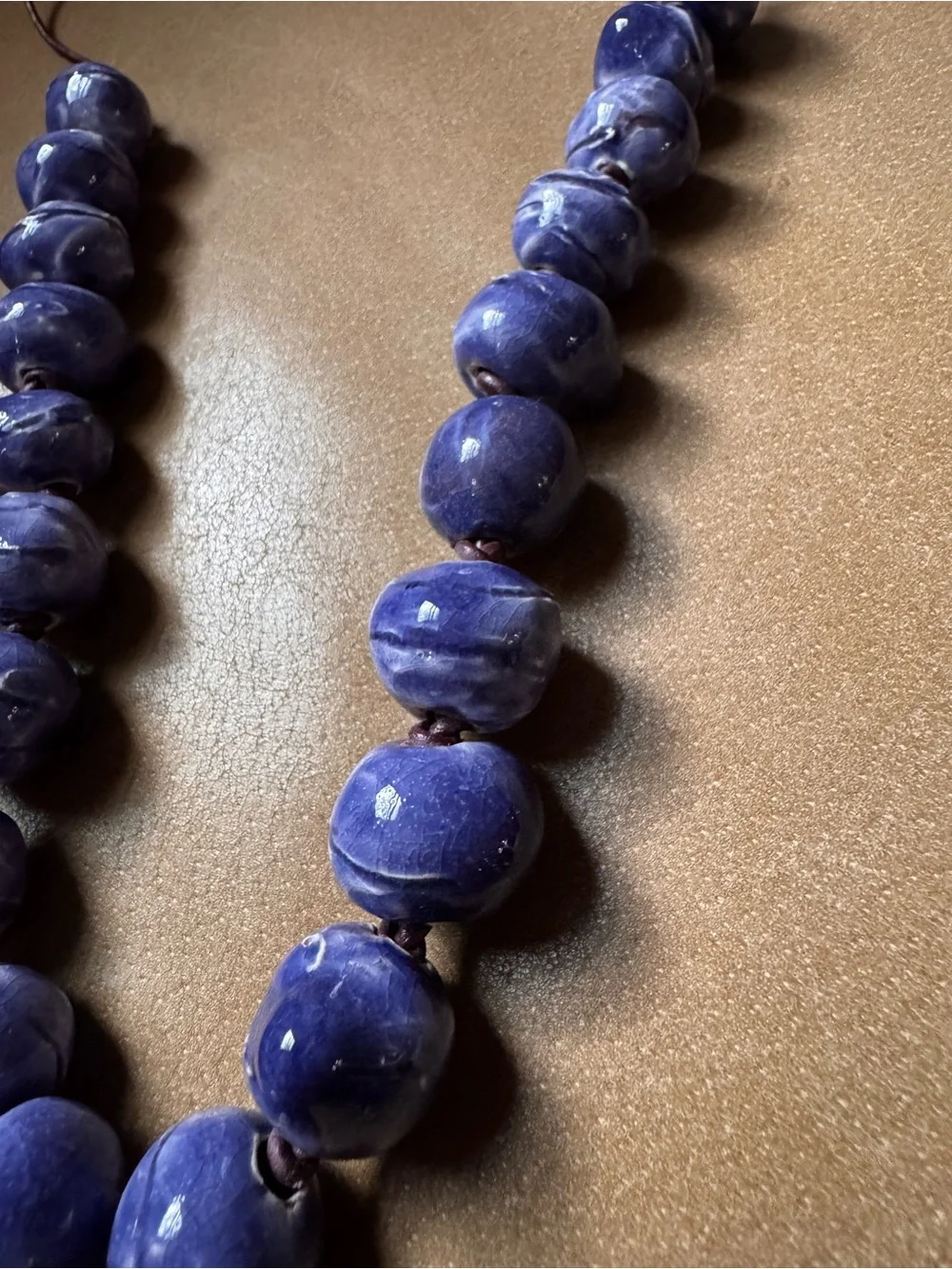 Handmade Blue ceramic Beaded Necklace w Lapis stone Fish Pendant leather cord